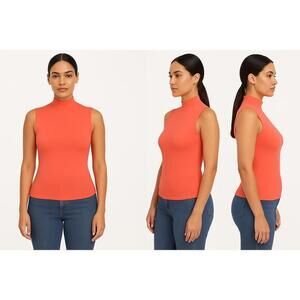 Skims Top Women Sz XL Neon Coral Sleeveless Mock Neck Fitted Stretchy Minimalist